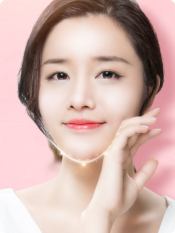 트라이앵글V라인 — 분홍 바탕, 턱선에 빛나는 V라인 선이 그려진 단발 모델