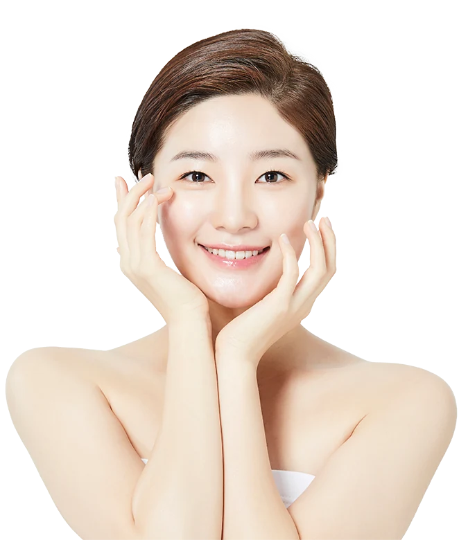 양손으로 얼굴을 감싸고 웃는 단정한 단발 업스타일 모델